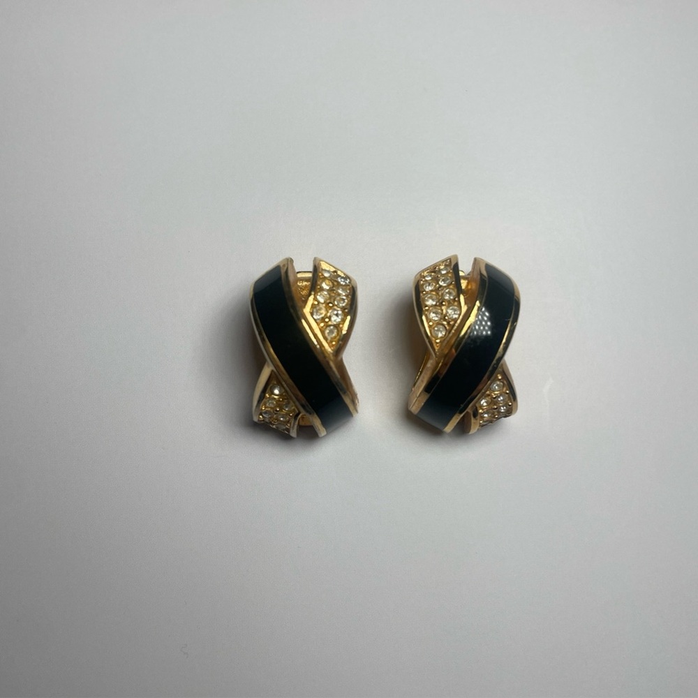 Christian Dior Earrings Gold and Black Crystal Rhinestone Clip Ons X Shape